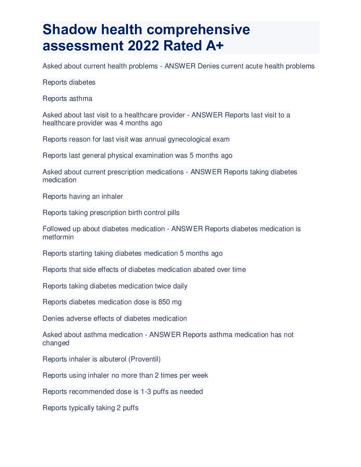 Preview image for Shadow health comprehensive assessment 2022 Rated A+